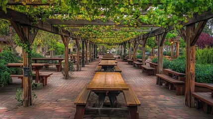 Outdoor dining pavilion with hanging vines and rustic wooden tables.