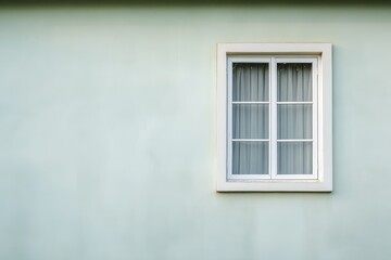 Fototapeta premium White window, light green wall, exterior view, sheer curtains, copy space