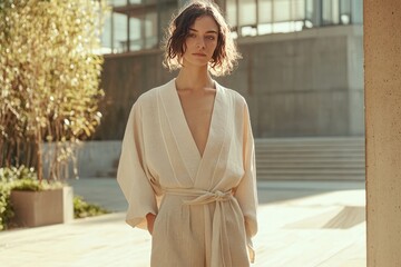 Woman in a light beige kimono style jumpsuit outdoors