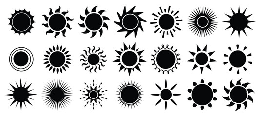 Sun silhouette icon clipart set. Sun drawing in black logo and symbol clip art with variety of sunrays monochrome collection vector illustration.   
