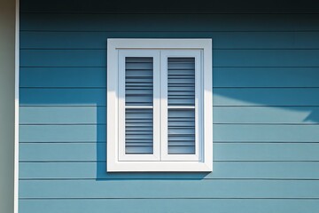 Fototapeta premium White window, blue siding, sunlight, home exterior, design