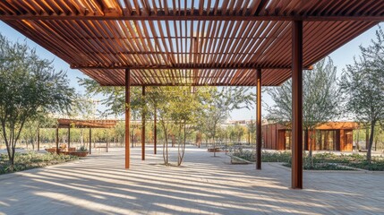 Fototapeta premium Pavilion with a slatted wooden roof casting striped shadows.