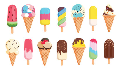 Ice cream colorful drawing clipart set. Popsicle icon and ice cream symbol clip art in cartoon summer graphic elements collection vector illustration. 
