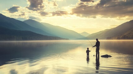 Father Teaching Son to Fish at Dawn by the Lake
