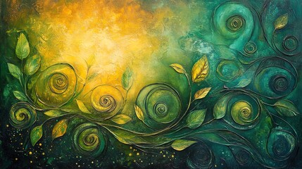 An ethereal oil-paint background with luminous greens and swirling abstract shapes