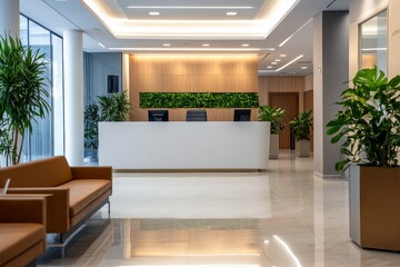 Modern office reception, lobby waiting area, plants, natural light, business