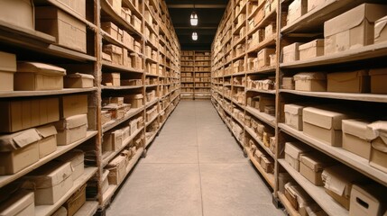 Fototapeta premium Rows of high industrial shelving filled with sealed boxes.