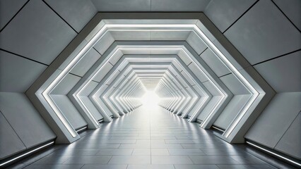 Obraz premium Modern Futuristic Hallway with Bright Light at End in Geometric Structure Design