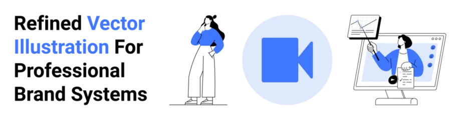 Female character thinking, video icon, person analyzing data on screen with graphs and documents. Ideal for branding, marketing, business, design systems, creativity, education flat landing page