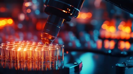 A medium closeup capturing the integrated robotic arm of the dispenser in motion as it moves to accurately position itself above a sample vial representing automation in laboratory