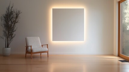 Dimly Lit Room with Blank Wall and Single Chair for Stock Photo Mockup