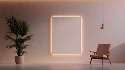 Dimly Lit Room with Blank Wall and Single Chair for Stock Photo Mockup