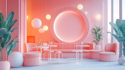 Vibrant and modern virtual event backdrop featuring a stylish interior design with a pastel color palette cozy furniture arrangement abstract geometric patterns