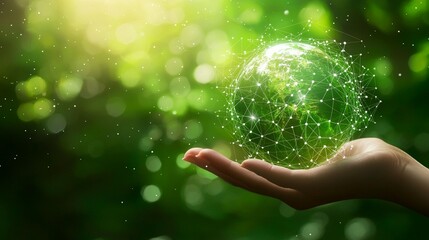 Hand holding digital Earth, green nature background, environmental protection concept, website banner