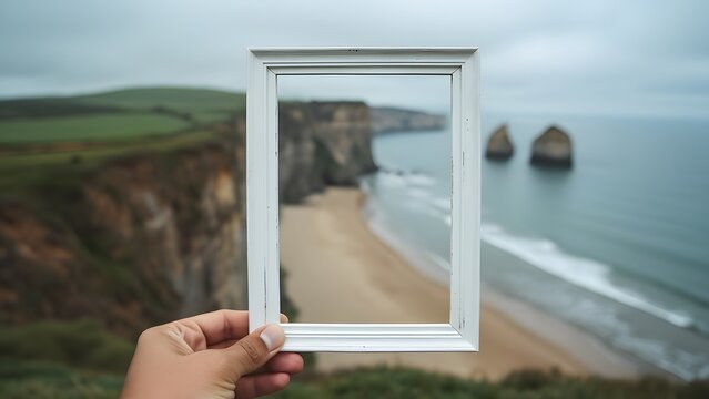 A woman's hand holding a white wooden window on the beach. Generated by AI