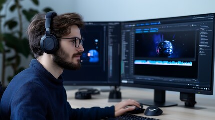 Content Creator Editing Podcast on Multi-Monitor Desktop Setup