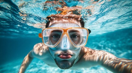Naklejka premium Young man enjoys a sunny vacation day of snorkeling in the ocean