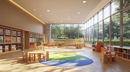Bright, spacious daycare classroom with natural light, colorful rug, and wooden furniture.