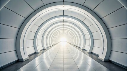 Futuristic Hallway with White Arches and Bright Light at the End of the Path