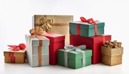 Obraz premium Christmas gift boxes and decorations. Chistmas gift boxes, isolated white background