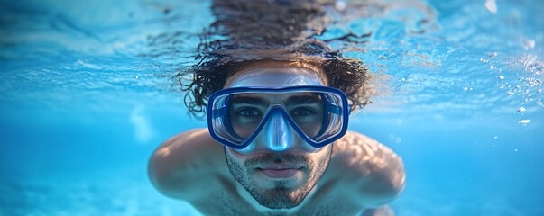 Naklejka premium Young man wearing diving mask swimming underwater in blue sea