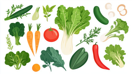 Fresh vegetables including carrots, tomatoes, cucumbers, and leafy greens arranged artistically, showcasing vibrant colors and healthy options for meals