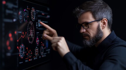 Businessman Managing Interactive Sales Dashboards on Holographic Screen
