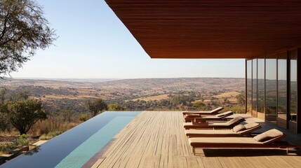 Stylish viewing deck with a cantilevered roof extending over lounge chairs.