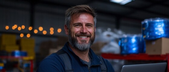 Happy Factory Worker Using Laptop  Industrial Businessman Portrait