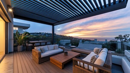 Obraz premium Urban rooftop deck with a sleek metal overhang and sunset views.