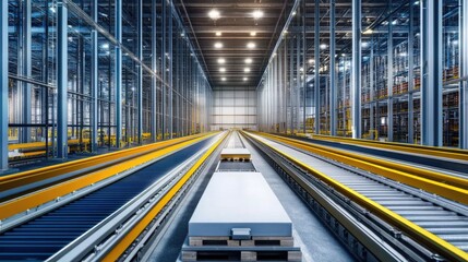 Fototapeta premium Warehouse interior featuring conveyor systems and tall metal racks.