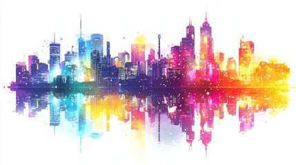Obraz premium Vibrant Urban Skyline with Colorful Lights Reflecting on Water Surface at Dusk