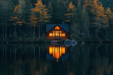 Fototapeta premium Cozy cabin in a forest by the lake at sunset