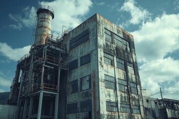 Abandoned industrial building under a dramatic cloudy sky