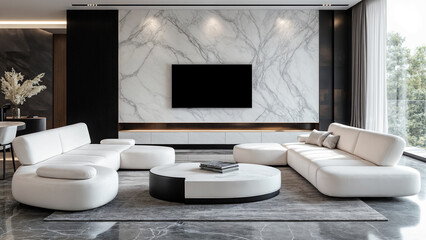 The image features a collection of luxurious interior designs showcasing modern living rooms with stylish sofas in bold colors, elegant wall art, and sophisticated lighting.