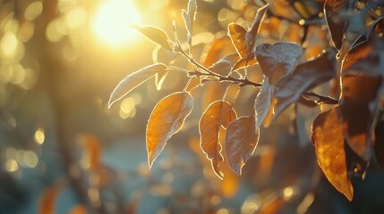 Frost-Covered Orange Leaves in Winter Morning Light: A Serene and Seasonal Scene