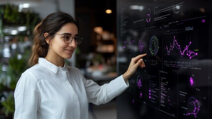 Businesswoman Using Digital Tech to Visualize Company Goals in Indian Office Meeting
