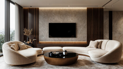 The image features a collection of luxurious interior designs showcasing modern living rooms with stylish sofas in bold colors, elegant wall art, and sophisticated lighting.