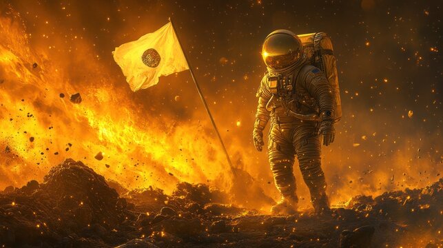 Astronaut on fiery planet, planting flag.