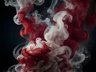 Crimson and White Abstract Swirl: A mesmerizing abstract image featuring swirling red and white ink in water, creating a dynamic and artistic composition against a dark background.