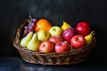 Fruit basket still life, dark background, harvest