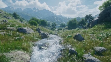 Rushing River Through Rocky Terrain and Dramatic Skies