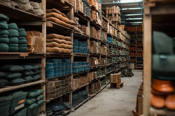 Rustic warehouse shelves with neatly arranged textiles