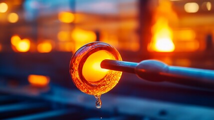 Glassblowing process showcasing a glowing molten glass orb being shaped in a workshop