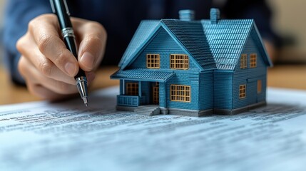 Person signs papers with house model on a desk, blurred background for finance use