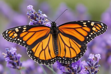 Naklejka premium Closeup of a monarch butterfly on lavender flowers