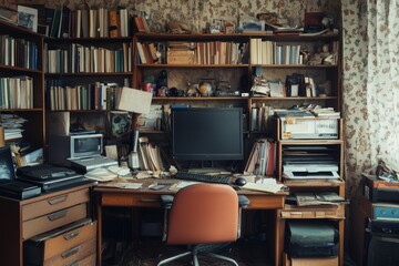 Cluttered home office, computer, books, chaos, vintage wallpaper, research