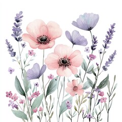 Soft watercolor artwork featuring delicate pastel flowers and greenery in a botanical composition perfect for nature-inspired designs