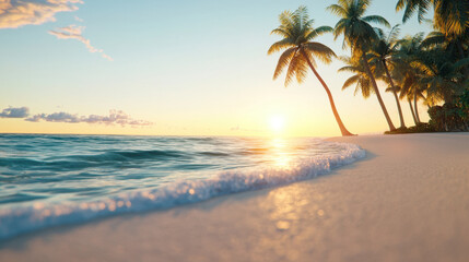 Fototapeta premium serene beach at sunrise with gentle waves, soft sand, and palm trees creates tranquil atmosphere. warm sunlight reflects on water, enhancing peaceful scene