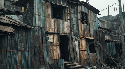 Abandoned Industrial Shack Facade with Weathered Wooden Planks